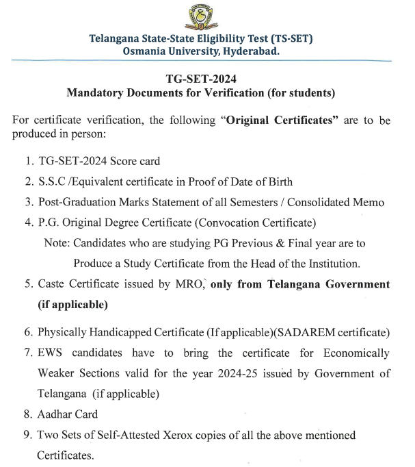 TGSET 2025 Certificate Verification: Mandatory Documents Required - టీజీసెట్ 2025 సర్టిఫికేట్ వెరిఫికేషన్: అవసరమైన డాక్యుమెంట్లు