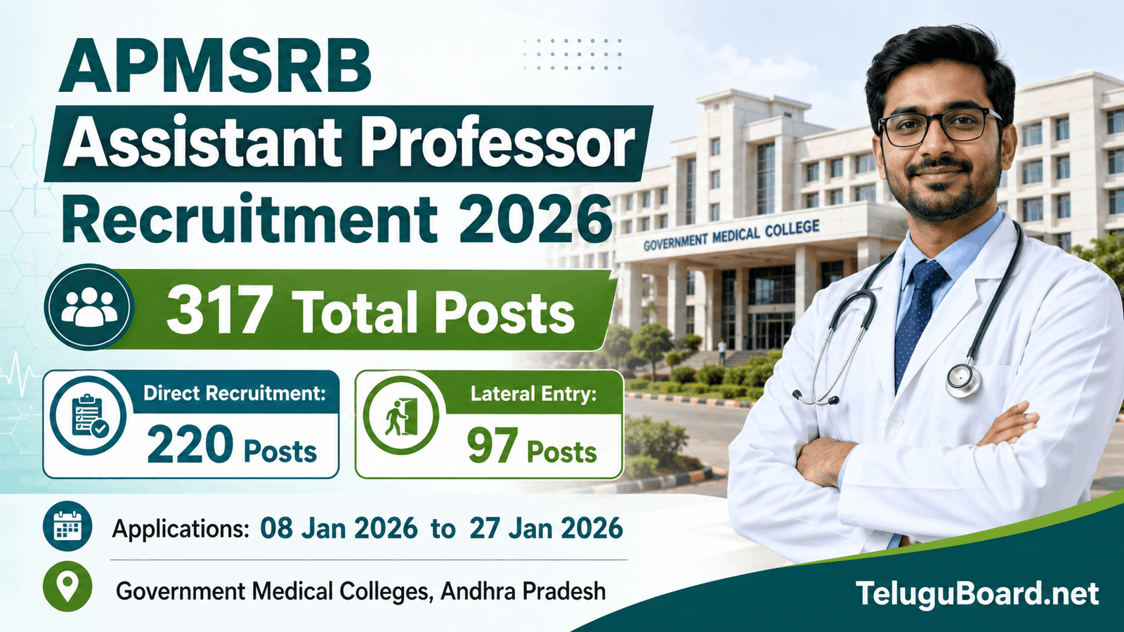 APMSRB Assistant Professor Recruitment 2026 for 317 medical teaching posts in Andhra Pradesh Government Medical Colleges on TeluguBoard.net