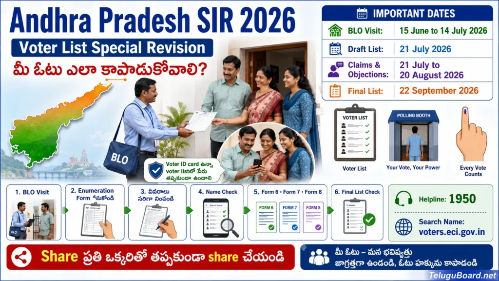 Andhra Pradesh SIR 2026 voter list special revision process BLO visit enumeration form name check Form 6 Form 7 Form 8 and final list check on TeluguBoard.net