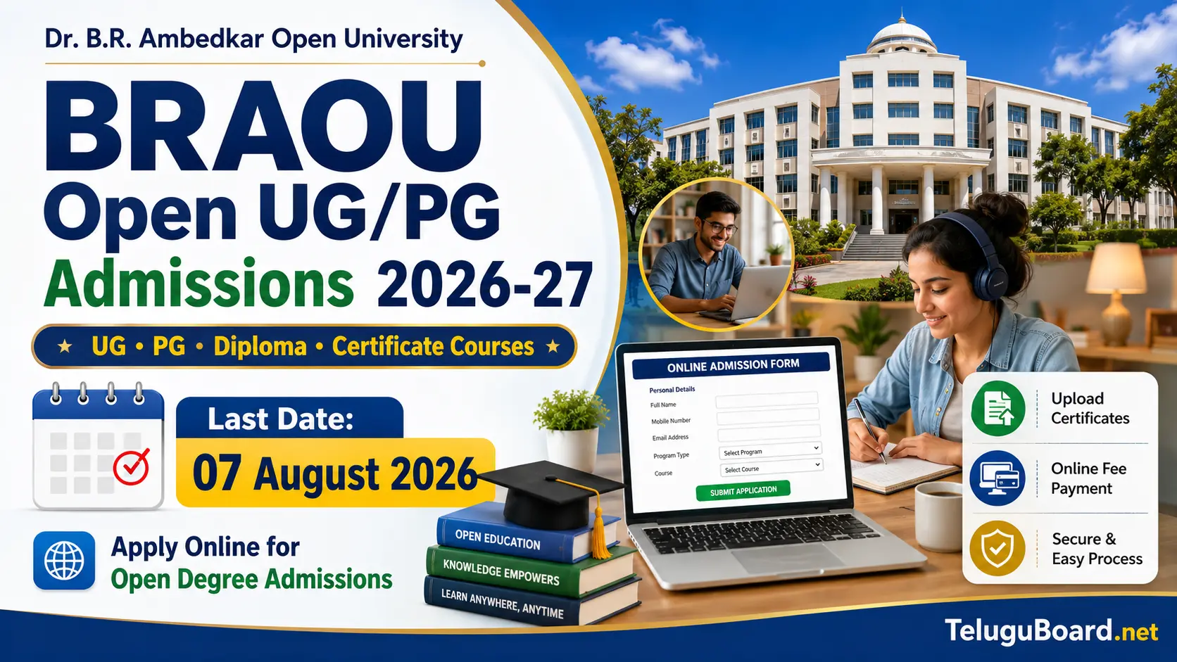 BRAOU Open UG PG Admissions 2026-27 registration for degree postgraduate diploma and certificate courses on TeluguBoard.net
