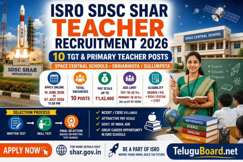 ISRO SDSC SHAR Teacher Recruitment 2026 notification for 10 TGT and Primary Teacher posts on TeluguBoard.net