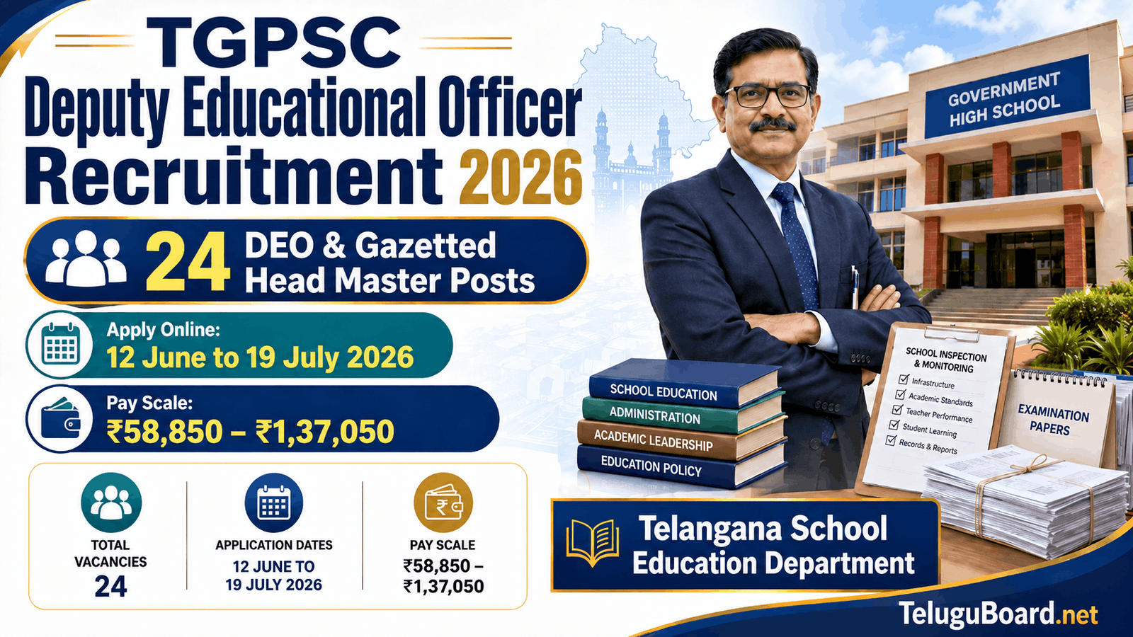 TGPSC Deputy Educational Officer Recruitment 2026 notification for 24 DEO and Gazetted Head Master Grade-I posts on TeluguBoard.net