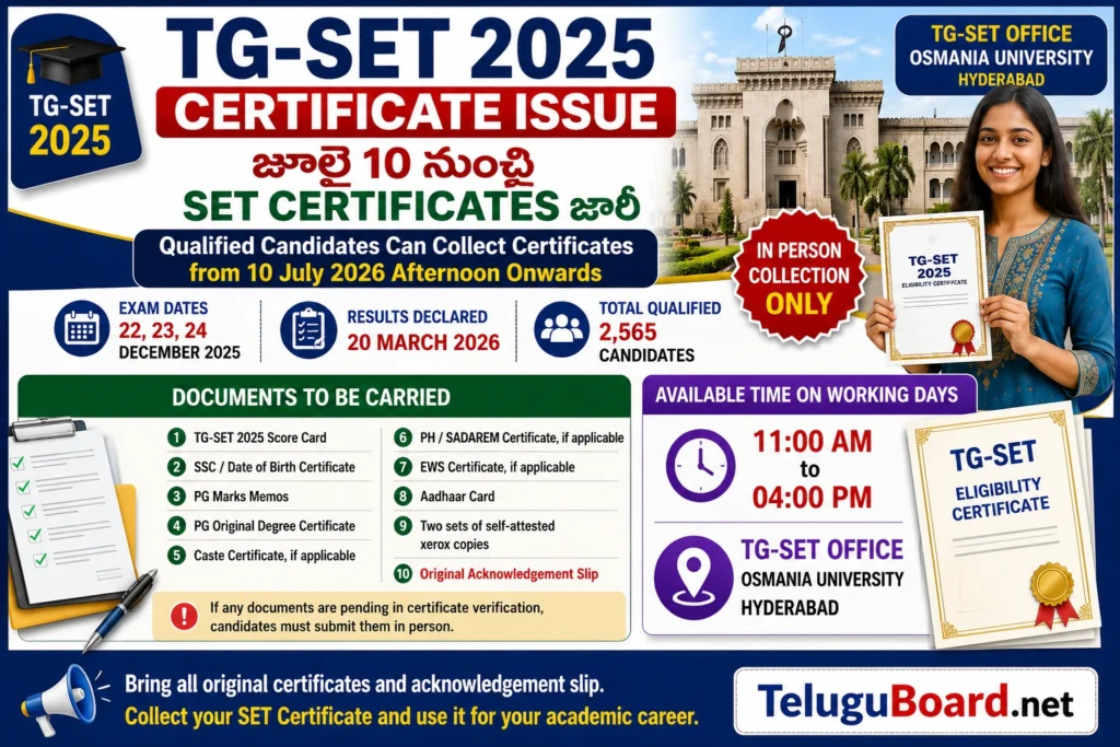 TG-SET 2025 Certificate Issue from 10 July 2026 at Osmania University for qualified candidates on TeluguBoard.net