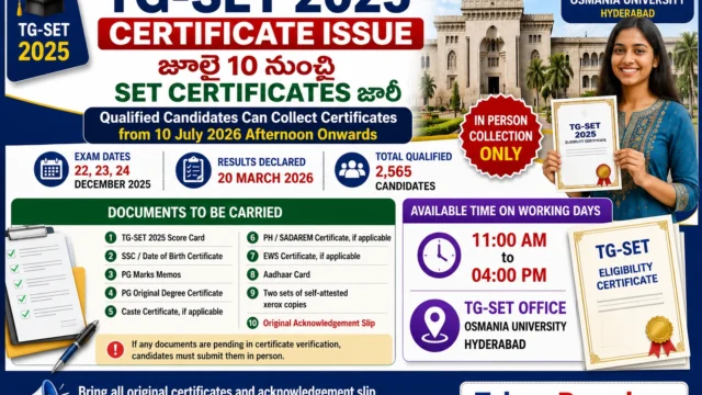 TG-SET 2025 Certificate Issue from 10 July 2026 at Osmania University for qualified candidates on TeluguBoard.net