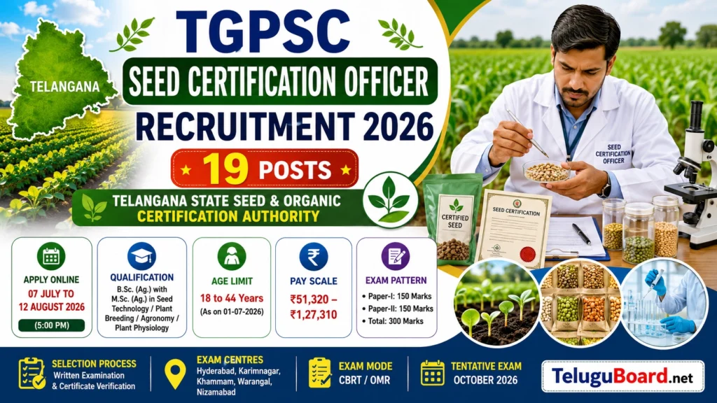 TGPSC Seed Certification Officer Recruitment 2026 notification for 19 posts in Telangana State Seed and Organic Certification Authority on TeluguBoard.net