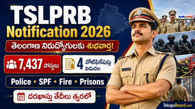 TSLPRB Notification 2026 for 7437 Telangana Police SPF Fire Prisons posts SI Constable Fire Fighter Warder online application dates update on TeluguBoard.net