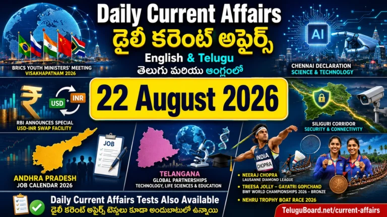 22 August 2026 Daily Current Affairs in English and Telugu featuring BRICS, RBI, defence, Andhra Pradesh, Telangana and major sports updates. 22 ఆగస్టు 2026 డైలీ కరెంట్ అఫైర్స్ – BRICS, RBI, రక్షణ, ఆంధ్రప్రదేశ్, తెలంగాణ మరియు క్రీడలకు సంబంధించిన ముఖ్యమైన అంశాలతో తెలుగు మరియు Englishలో.