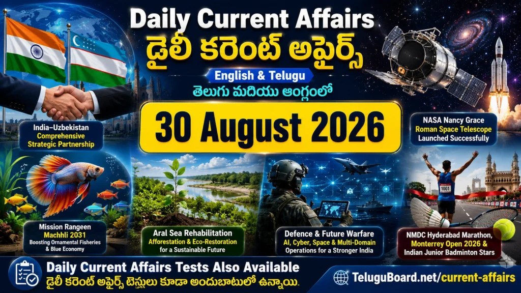30 August 2026 Daily Current Affairs in English and Telugu featuring India–Uzbekistan relations, NASA Roman Space Telescope, fisheries, environment, defence and sports. 30 ఆగస్టు 2026 డైలీ కరెంట్ అఫైర్స్ – భారత్–ఉజ్బెకిస్తాన్ సంబంధాలు, NASA Roman Space Telescope, మత్స్య రంగం, పర్యావరణం, రక్షణ మరియు క్రీడలకు సంబంధించిన ముఖ్యాంశాలు.