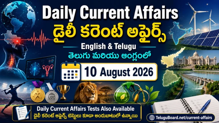 10 August 2026 Daily Current Affairs in English and Telugu covering International, National, Andhra Pradesh, Telangana and Sports updates. 10 ఆగస్టు 2026 డైలీ కరెంట్ అఫైర్స్ – అంతర్జాతీయ, జాతీయ, ఆంధ్రప్రదేశ్, తెలంగాణ, క్రీడా అంశాలతో తెలుగు మరియు ఆంగ్లంలో