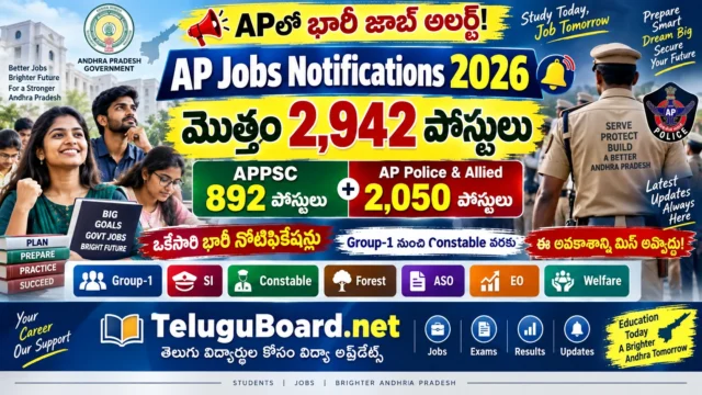 AP Jobs Notifications 2026 for 2,942 vacancies through APPSC and AP SLPRB including Group 1, SI, Constable, Forest and other posts. APPSC మరియు AP SLPRB ద్వారా Group 1, SI, Constable, Forest తదితర విభాగాల్లో మొత్తం 2,942 పోస్టులకు AP Jobs Notifications 2026.