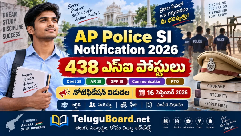 AP Police SI Notification 2026 for 438 Sub Inspector posts including Civil, AR, SPF, Communication and PTO vacancies. AP Police SI Notification 2026లో Civil, AR, SPF, Communication, PTO విభాగాల్లో మొత్తం 438 ఎస్‌ఐ పోస్టులు.