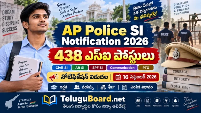 AP Police SI Notification 2026 for 438 Sub Inspector posts including Civil, AR, SPF, Communication and PTO vacancies. AP Police SI Notification 2026లో Civil, AR, SPF, Communication, PTO విభాగాల్లో మొత్తం 438 ఎస్ఐ పోస్టులు.