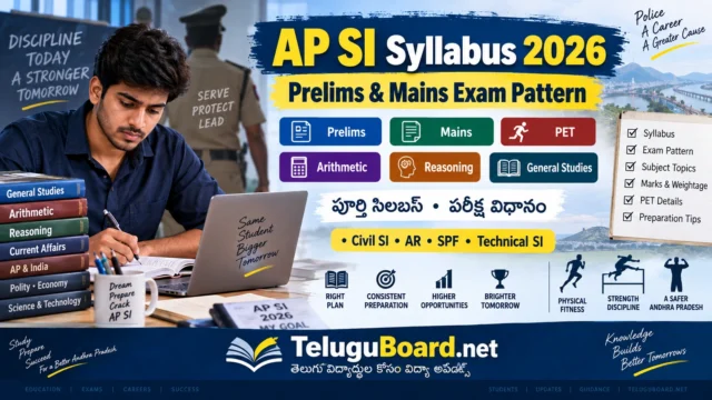 AP SI Syllabus 2026 and exam pattern for Prelims, Mains, Physical Test, Arithmetic, Reasoning and General Studies. AP SI Syllabus 2026 Prelims, Mains, Physical Test, Arithmetic, Reasoning, General Studies పరీక్ష విధానం మరియు పూర్తి సిలబస్.