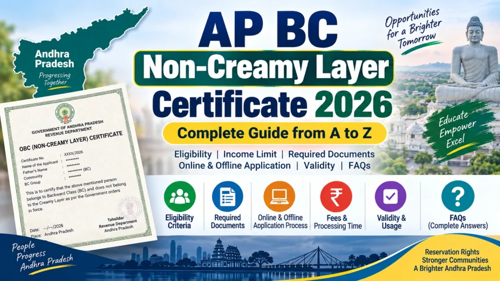AP BC Non-Creamy Layer Certificate 2026 eligibility, income limit, required documents, online and offline application process, fees, validity and FAQs